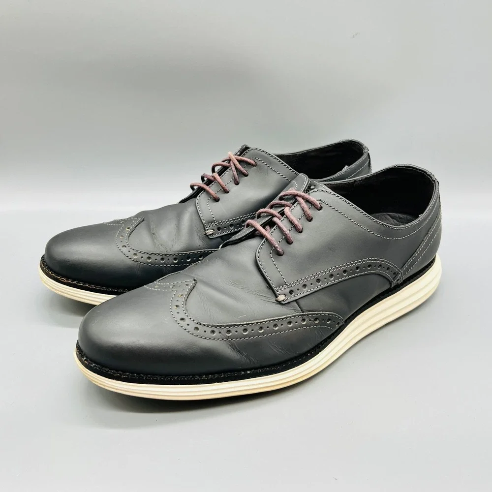 Cole Haan Shoes Mens 10 Gray Leather Grand OS Wingtip Oxford Brogue Dress Casual